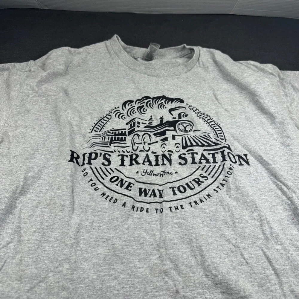 Mens XL Gray Rip's Train Station Yellowstone One Way‎ Tours Graphic T Shirt - Picture 2 of 8
